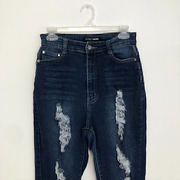 FASHION NOVA Dark Wash Ripped Rips Distressed High Waisted Skinny Jeans JUNIORS - Picture 4 of 12